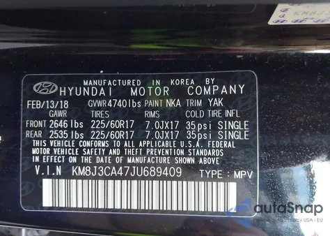 2018 Hyundai Tucson Sel Plus z USA, uszkodzony, nr VIN KM8J3CA47JU689409